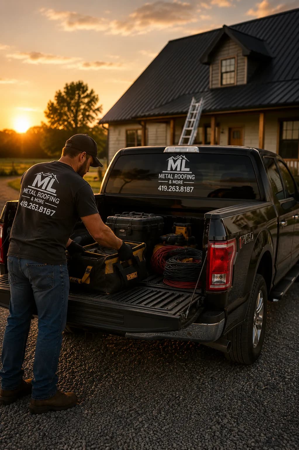 Matt loading gear into his truck bed after a job, a metal-roofed home behind him